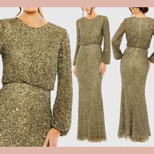 NWT‎ MAC DUGGAL [ 10 ] 10044 High Neck Long Sleeve Beaded Blouson Gown Olive